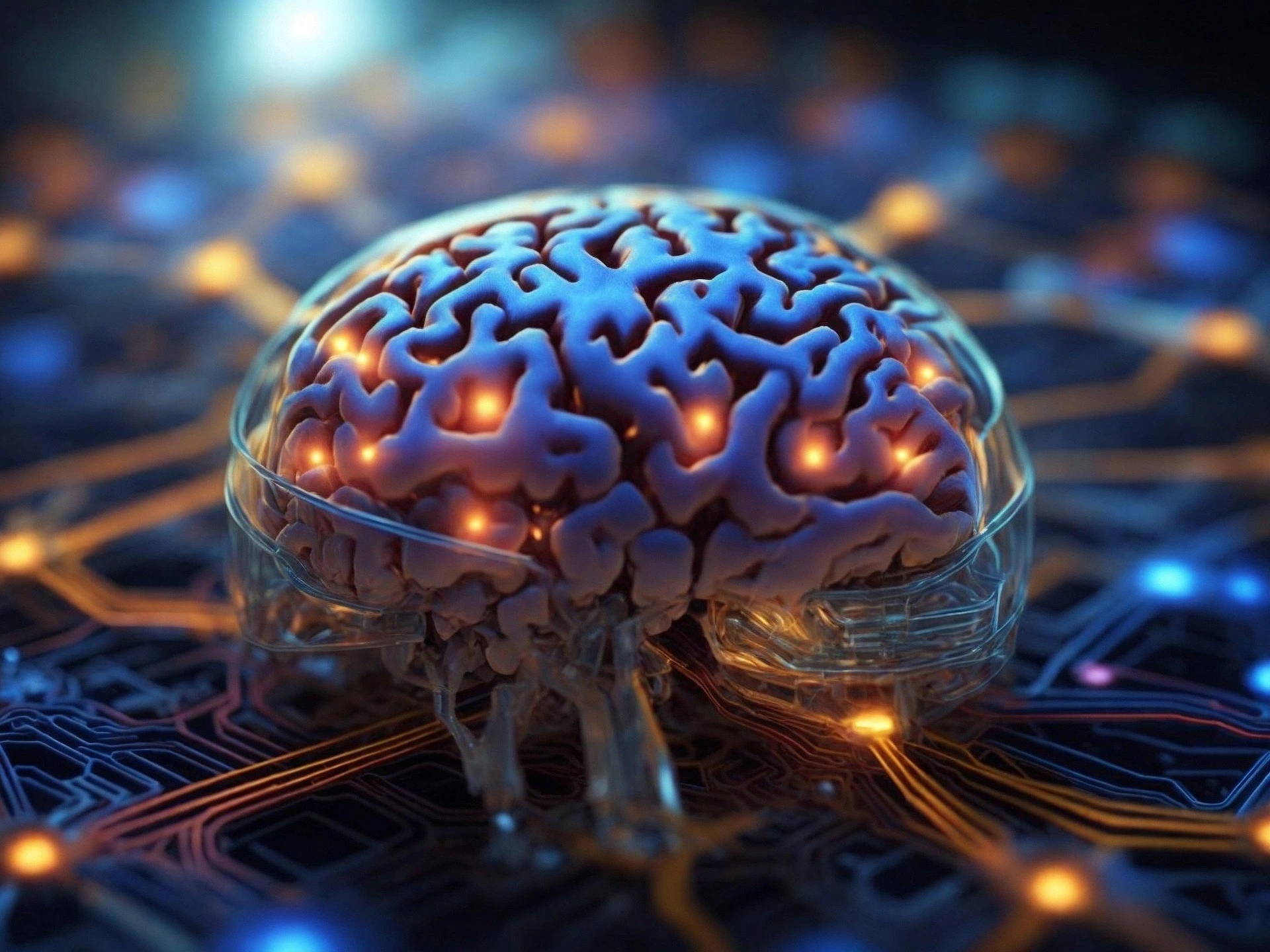 A futuristic digital illustration of a human brain encased in a transparent shell, resting on a glowing circuit board. The brain is illuminated with vibrant orange and yellow lights, representing neural activity or data processing. The background features a complex network of interconnected circuits and nodes in blue and orange tones, symbolizing artificial intelligence, advanced computing, or brain-machine interfaces.
